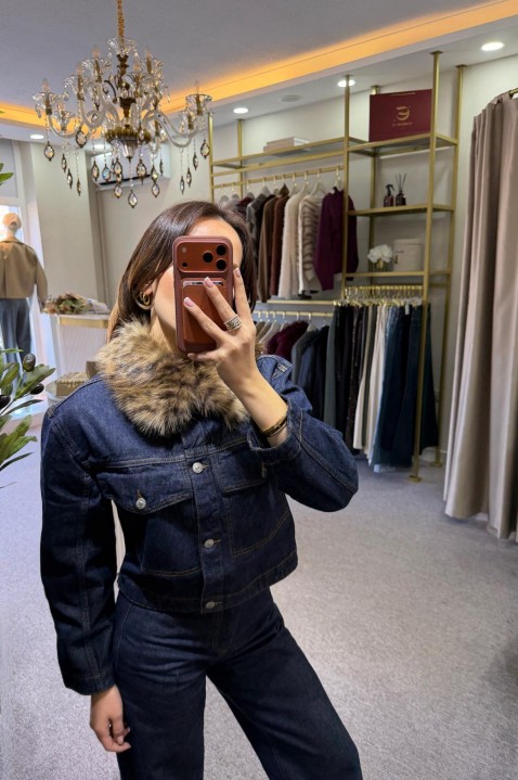 Denim Yakası Kürklü Ceket Pantolon Takım 