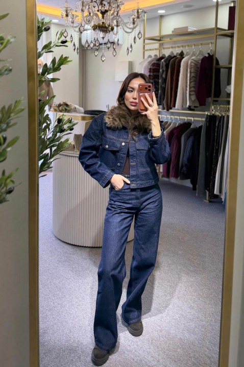 Denim Yakası Kürklü Ceket Pantolon Takım 